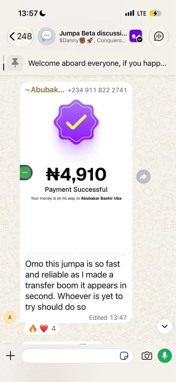 Abubaka's message in the Jumpa beta group
