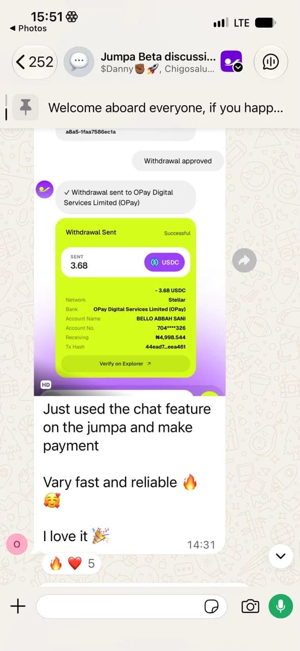 Olivia .G.'s message in the Jumpa beta group