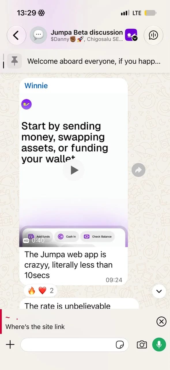 Winnie. N.'s message in the Jumpa beta group
